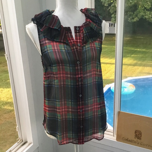 J.Crew Sleeveless Ruffle-Collar Tank & Button Up Black Red Green Tartan Camisole - Picture 3 of 13